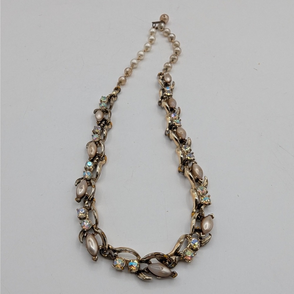 Vintage AB Rhinestone Faux Pearl Gold Tone Floral Choker Necklace 1950s MCM 15"